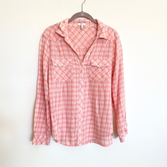 Joie Peach Plaid Button Down Top - Picture 2 of 6